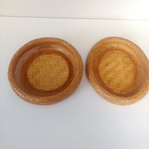 Vintage Straw Rattan Picture Frames Bundle of 2 Two Round Oval Boho Bohemian
